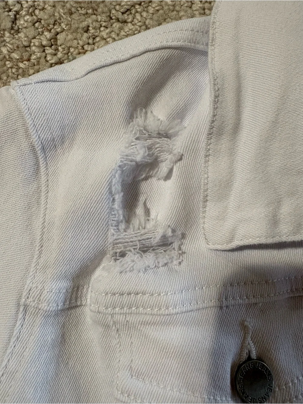 Coco + Carmen Women’s White Denim Jacket with Rainbow Stitching